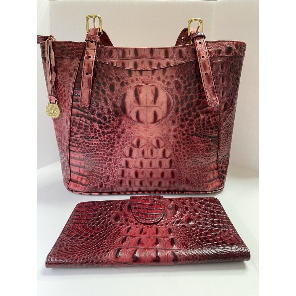 Vintage Brahmin Croc-embossed Leather Abigail Tote Purse Merlot Ombré w/ Wallet